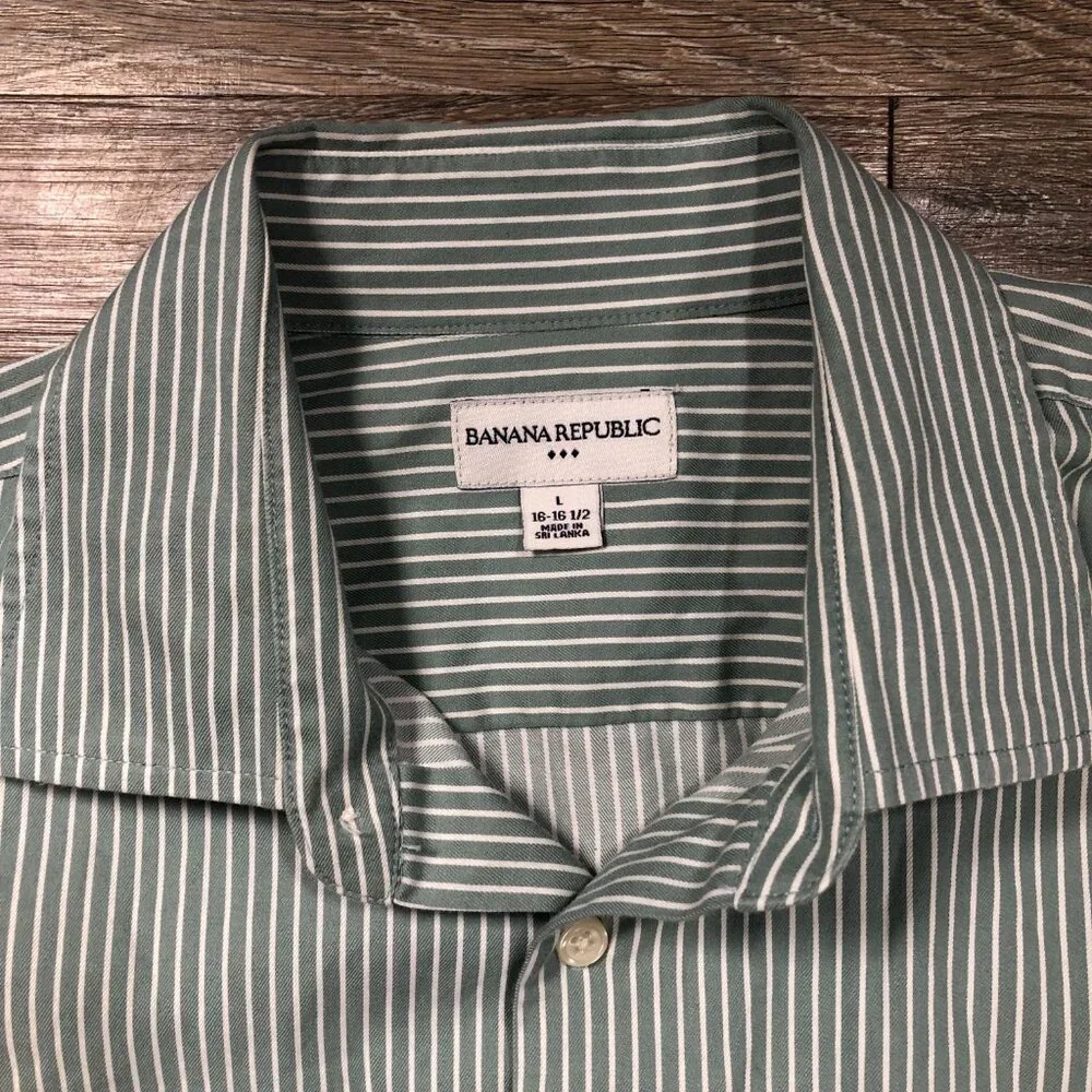 Banana Republic Mens Large Green White Long Sleeve Dress Shirt Size 16-16 1/2